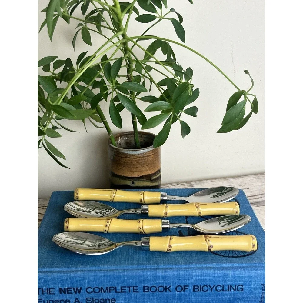 Vintage Faux Bamboo Soup Spoons (4) By Cambridge Hollywood Regency Style 7.5”